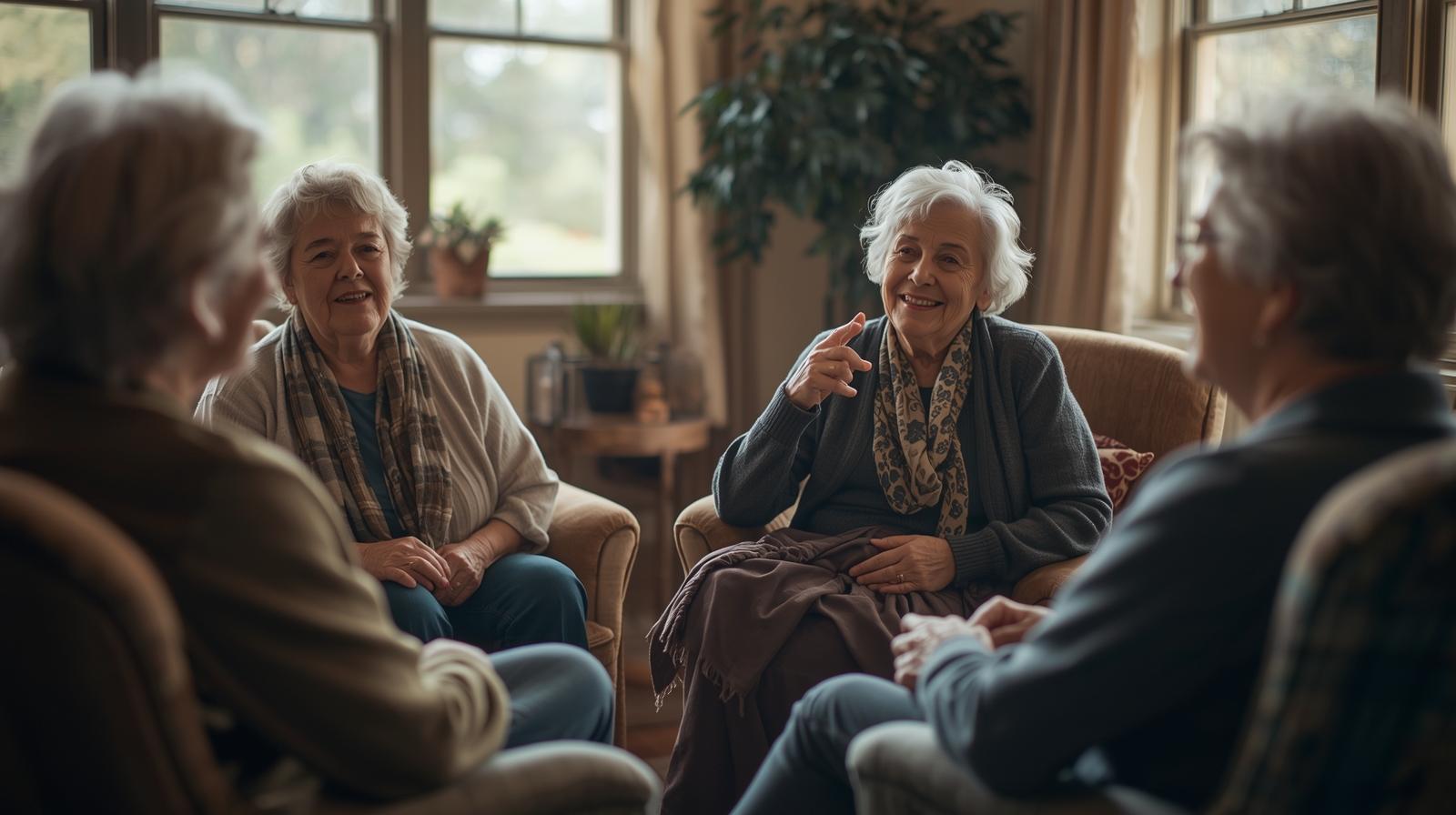 Grupo de idosos em roda de conversa compartilhando histórias